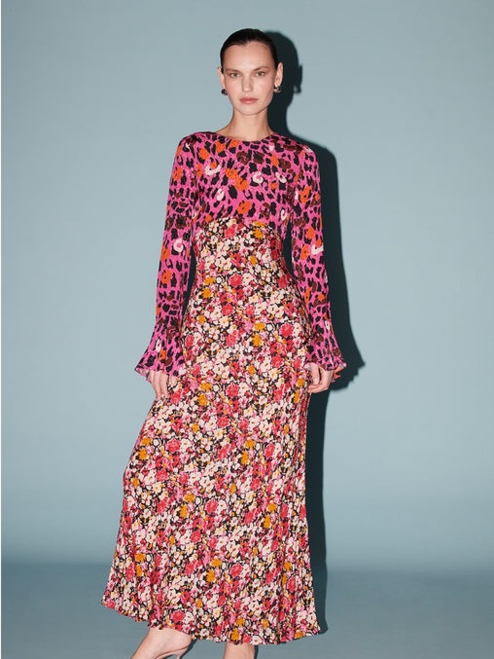 NWT SAYLOR Delphine Pink & Orange Floral-Leopard Long Sleeve Maxi Dress